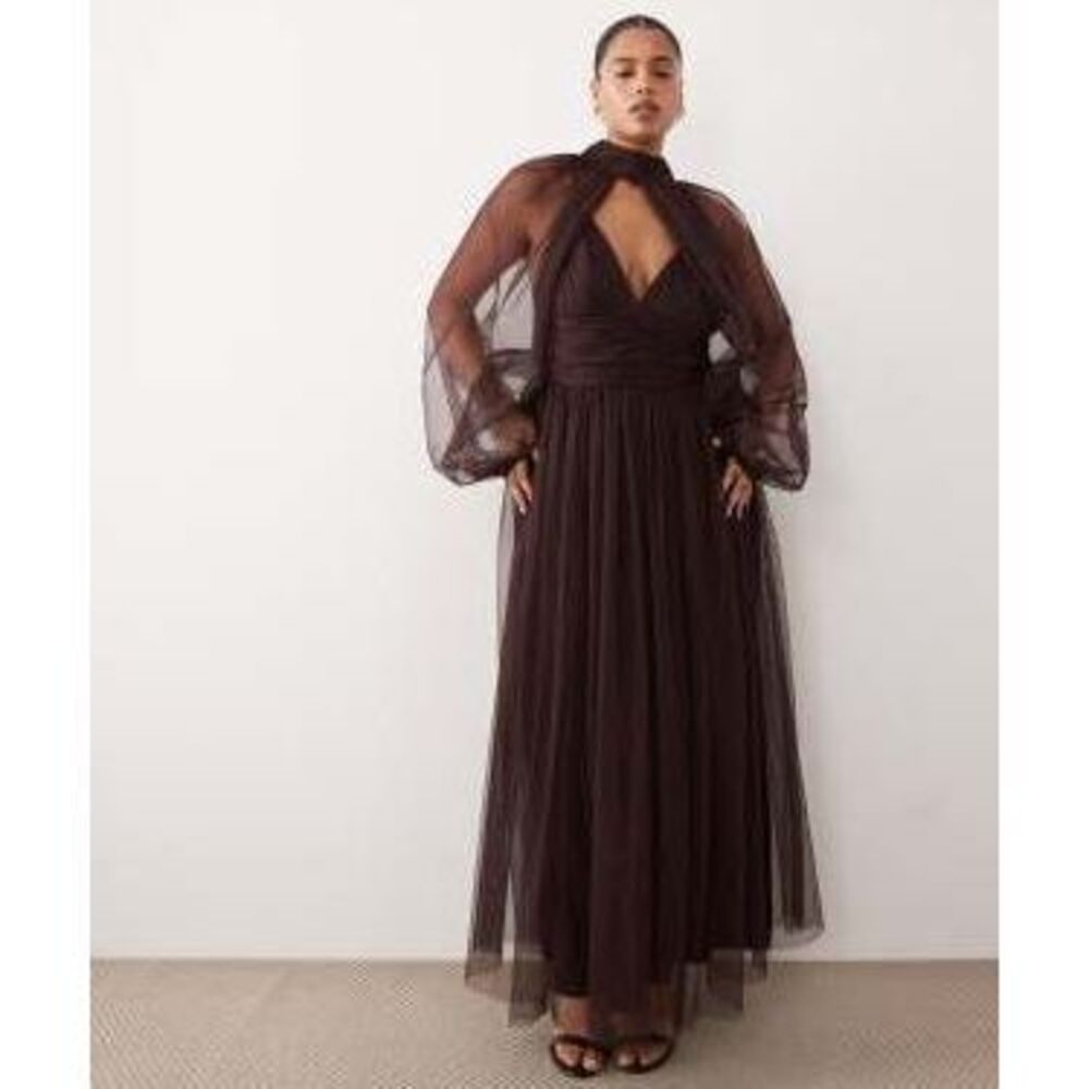 Lace & Beads Plus removable sleeve tulle maxi dress in chocolate